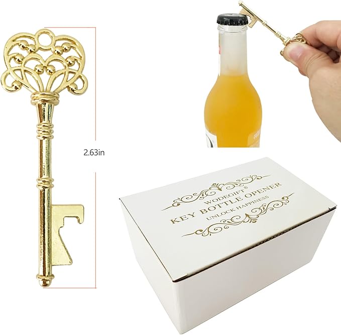 WODEGIFT 100 PCS Key Bottle Openers,Vintage Skeleton Key Bottle Opener,Wedding Favors Bottle Opener with Tag Cards and Key Chains(Gold)