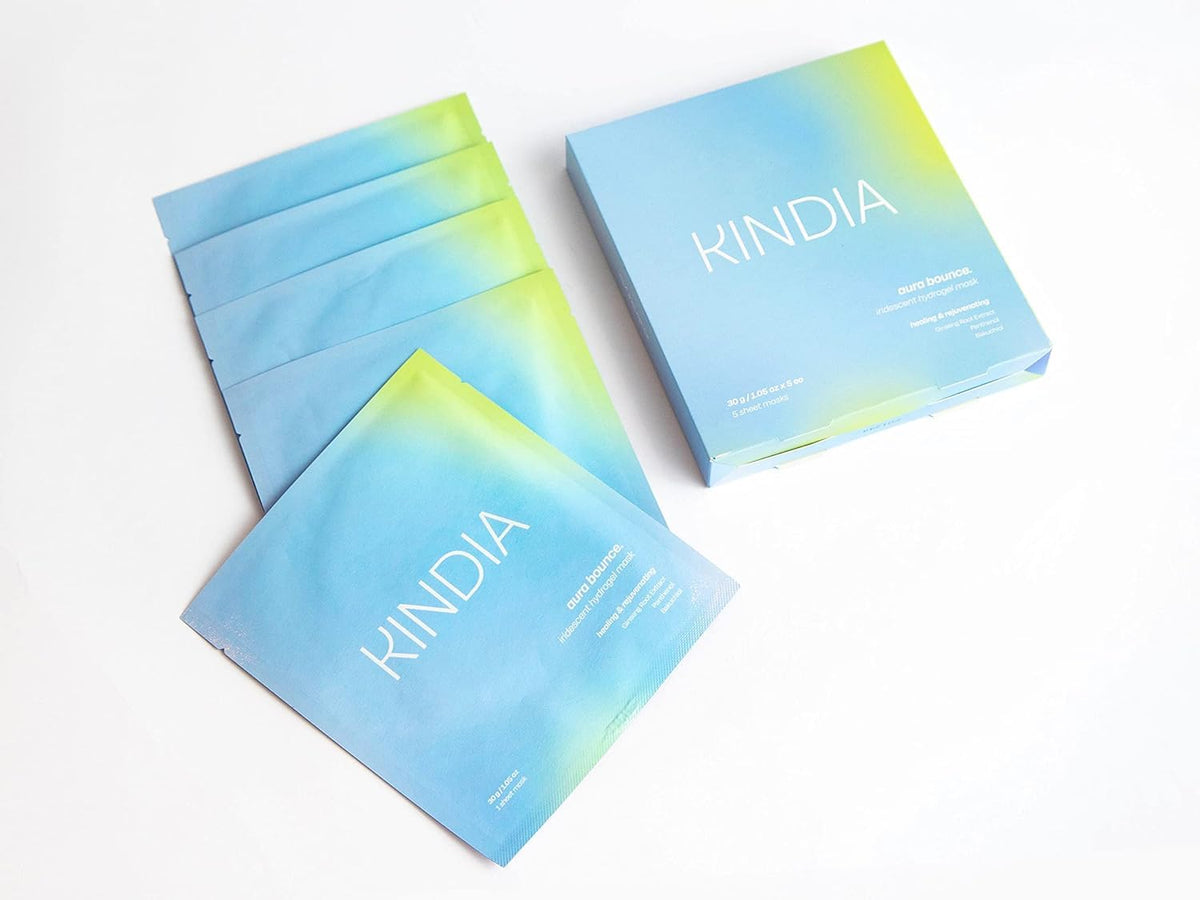 KINDIA Aura Bounce Pack - 5 Biodegradable Korean Sheet Masks, Tea Tree, Bakuchiol, Ginseng, Peony, Hydrating, Repairing, Ayurvedic Enriched - Rejuvenating Skincare Routine