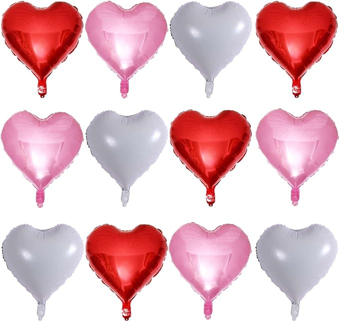 Lovoir 12 Pcs Red Heart Shape Foil Mylar Balloons 18 Inch Love Balloons for Valentine's Day Birthday Party Decorations Wedding Engagement Romantic Decor (Red & White & Pearl Pink)