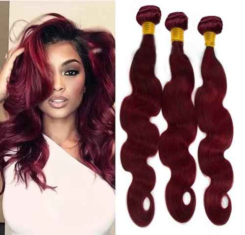 24 24 24 Inch #99J Body Wave Human Hair Bundles Red Brazilian Remy Hair Weave For Women Burgundy Hair Bundles Grade 8A Unprocessed Virgin Hair Extensions 99J Hair 3 Bundles