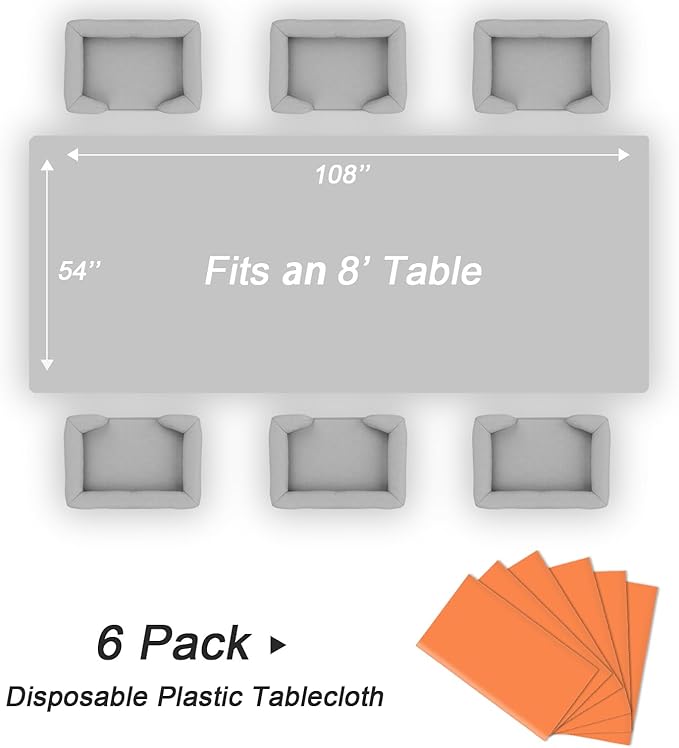 QIKSION Orange Plastic Table Cloth Disposable 6 Pack, 54 x 108 Inch Tablecloths for Party, Graduation, Halloween, Thanksgiving Decorations, Harvest, Fall, Rectangle Table Cover