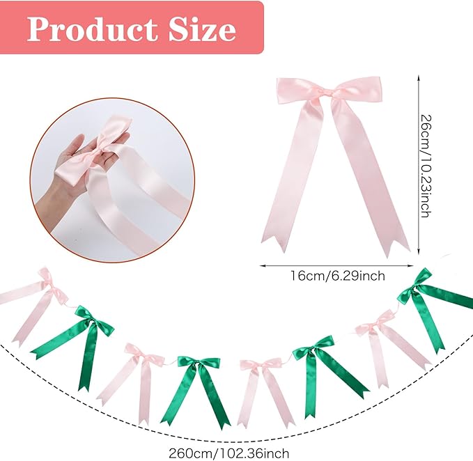 2 Strings Bow Garland Pink Green Bow Garland Banner Hanging Birthday Decorations for Party Decorations Bachelorette Wedding Party Baby Shower Graduation 16pcs
