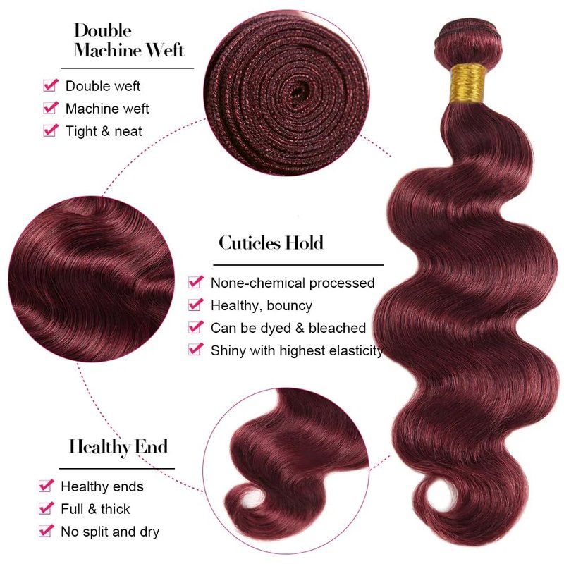 99J Human Hair Bundles Burgundy Body Wave Bundles Human Hair 16 18 20 Inch Unprocessed Brazilian Virgin Hair Wine Red Bundle Soft Hair Extensions 150g