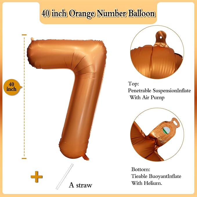 40 inch Orange Number Balloon Giant Foil Helium Balloons for 7th Birthday Party Decorations