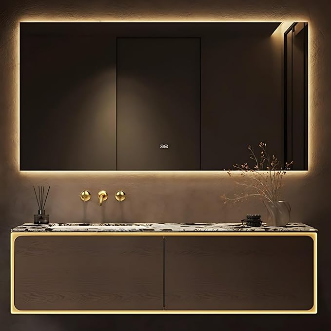 68IN Bathroom Vanity Set with a Single Sink - Embedded Sensor Light Strip & Large Capacity Floating Cabinet | Modern Bathroom Vanities with Defogging Mirror Surface & LED Lighting (Mirror)