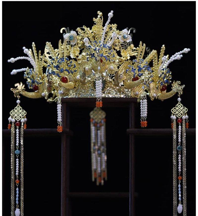 Chinese Wedding Bride Hair Accessory Chinese Crown Wedding Hair Accessories Golden Flower Floral Beaded Flapper Headband Jeweled Bridal Wedding Tiara (Phoenix)