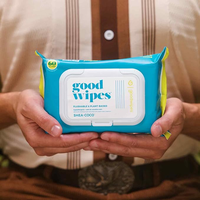 Goodwipes Flushable Butt Wipes - Vitamin E & Aloe - Soft & Gentle Wet Wipe Dispenser, Septic & Sewer Safe - Largest Adult Toilet Towelettes - Shea-Coco, 180 Count (3 Packs) + 3 Individually Wrapped