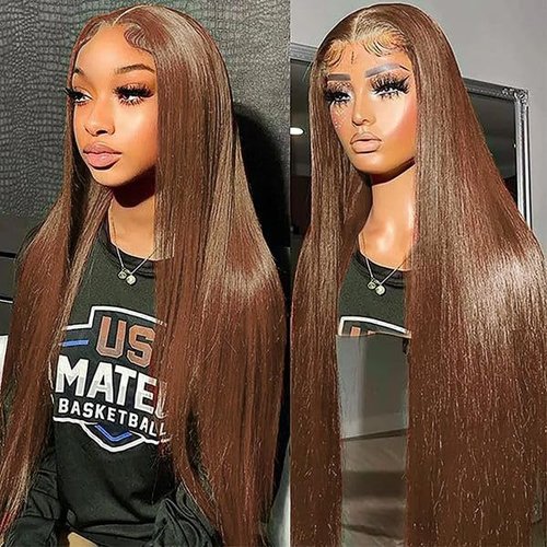 sterly 13x6 Straight Wigs Chocolate Brown Transarent HD Lace Front Wigs Human Hair with Baby Hair 180 Density Straight Glueless Wigs Pre Plucked Hairline 4# Brown Color (22 Inch, 4 Brown)