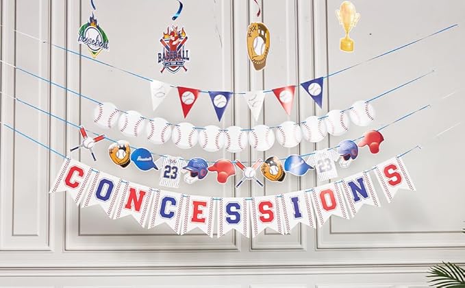 Pre-Strung Baseball Party Decorations with Concessions Banner, Sports Themed Birthday Supplies, Triangle Bunting Pennant Flag