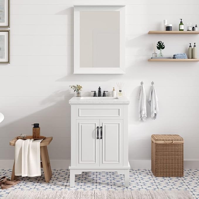 Hanover Lanesboro 24'' Vanity Cabinet with Sink Combo for Bathroom, Powder Room | Pre-Assembled Cabinet | 2 Doors | Accent Mirror | Artificial Stone Countertop, White Cabinet | HANVN0105-24-0WH