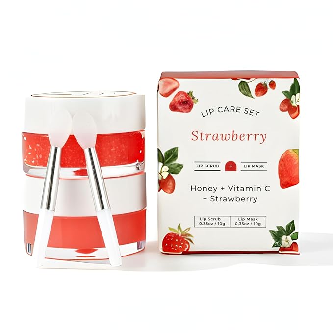 Lip Mask & Scrub Set(Strawberry + Honey + VC), Overnight Moisturizer for Cracked & Dry Lips Care, Hydrating Plumper Kit, Sugar Exfoliator Gift for Women