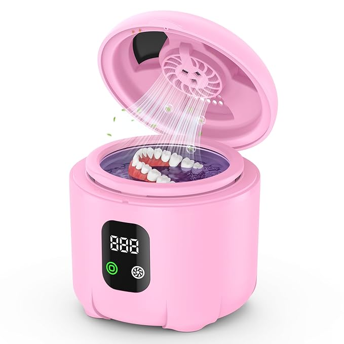 2025 Ultrasonic Retainer Cleaner- 45KHz 25W Portable Denture Cleaner with Drying Function and Removable Inner for Dentures, Mouth Guards, Aligners, Jewelry and More (Pink)