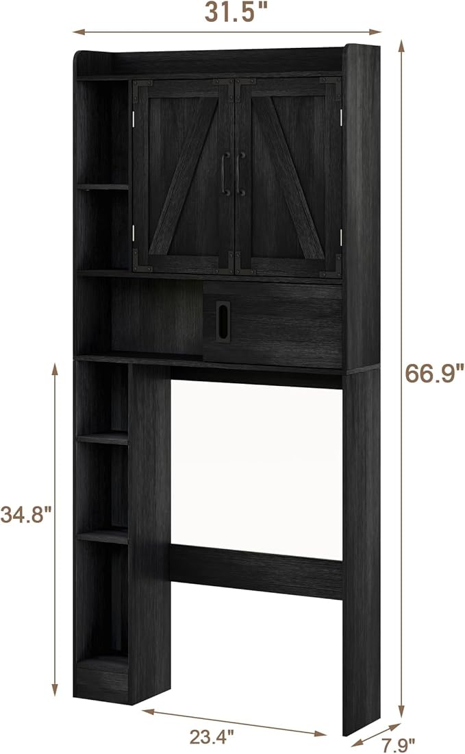 ChooChoo Over The Toilet Storage Cabinet, Farmhouse Bathroom Storage Cabinet with Sliding Door, Over Toilet Storage with Adjustable Shelves, Space-Saving, Black