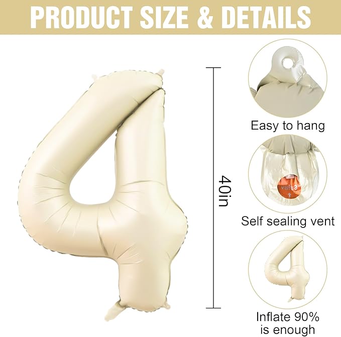 Number 4 Balloon Beige,40 Inch Large Cream Foil 4 Helium Balloons for Boys Girls Birthday Anniversary Decorations