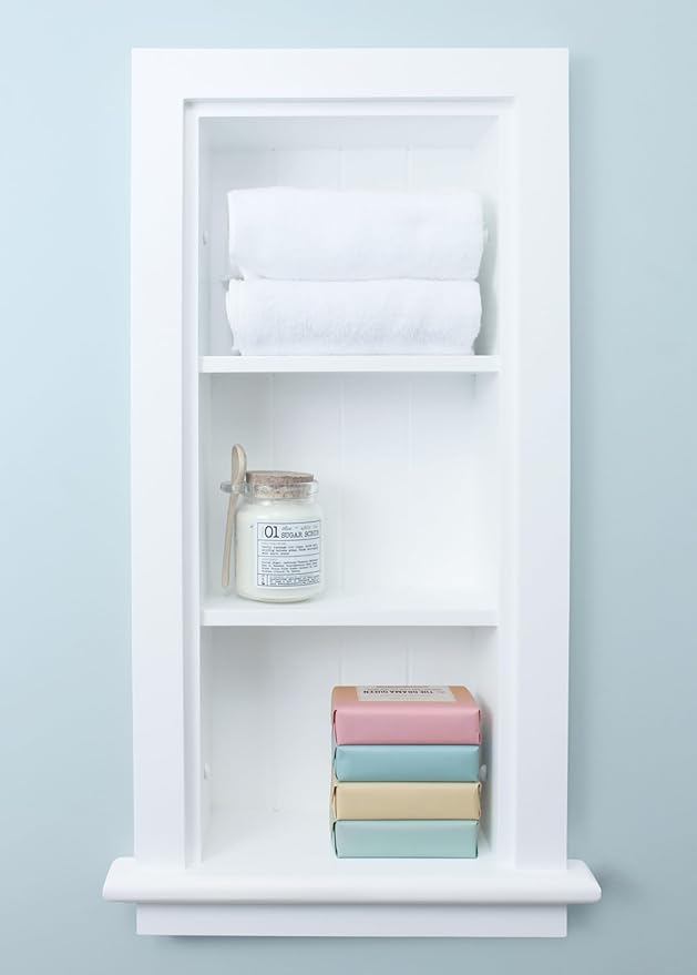 10x24 Slim Recessed Wood Bathroom Niche Medicine Cabinet Replacement w/ Ledge, Narrow Wall Niche Medicine Cabinet Replacement, Thin In The Wall Bathroom Cabinet Insert Shelf/Shelves, Beadboard, White