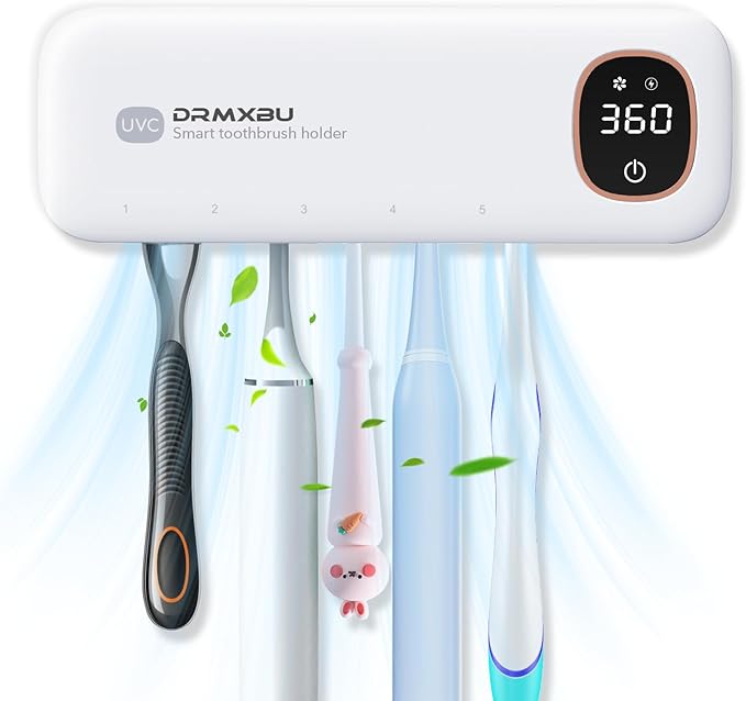 Toothbrush Sanitizer and Holder, DRMXBU Toothbrush Holders for Bathrooms with Light Clean Air Dry, Rechargeable Toothbrush Holders Wall Mounted with 5 Slots, Timer Function Tooth Brush Cleaner Case