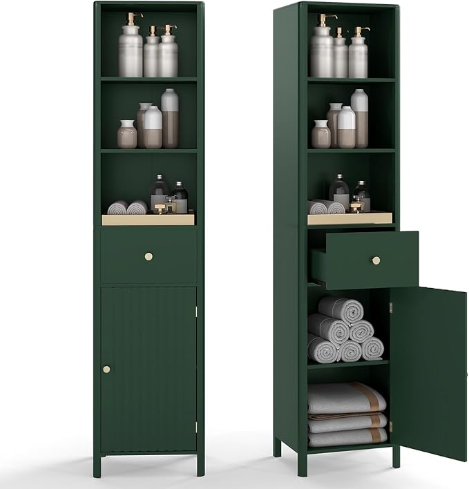 Tangkula 67" Tall Bathroom Cabinet, Narrow Floor Cabinet w/Fluted Door, 3 Open Shelves & 1 Drawer, Freestanding Storage Organizer w/Adjustable Shelf & Anti-tip Kit for Kitchen, Living Room (Green)