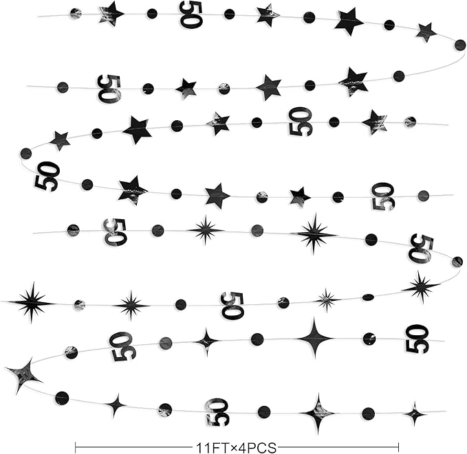 Black 50th Birthday Decorations Number 50 Circle Dot Twinkle Star Garland Metallic Hanging Streamer Bunting Banner Backdrop for 50 Year Old Birthday Happy 50th Anniversary Fiftieth Party Supplies