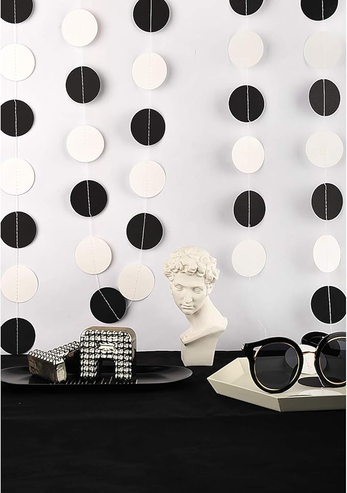 WEVEN Black and White Paper Garland Circle Dot Party Garland Banner Streamer Backdrop Hanging Decorations, 2" in Diameter, Pack of 3, 30 Feet in Total