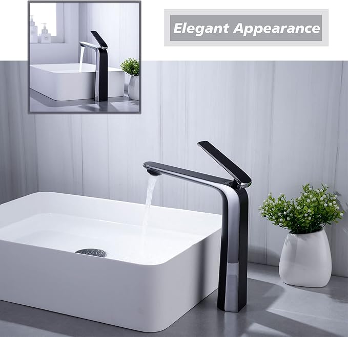 TOCALOCA Tall Bathroom Basin Faucet Matte Black and Silver Chrome, Bathroom Vessel Sink Faucet Brass, Single Handle One Hole Vanity Sink Mixer Tap Faucet for Blow Sink Lavatory, Hot and Cold Water