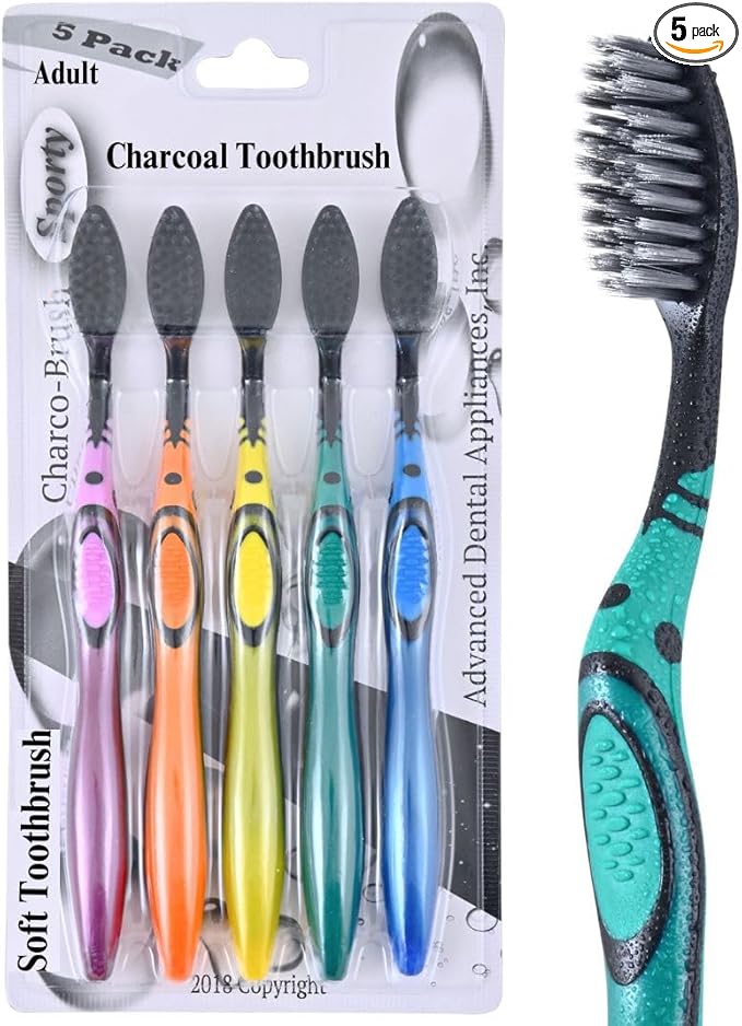 ADA Cavity Defense Activated Charcoal Toothbrush 5 Pack Ultra-Soft Flosspick Bristle for Sensitive Teeth & Gums, Aids in Teeth Whitening, Extra Soft, Easy Grip (5 Count)