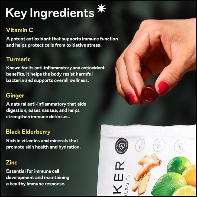 Barker Wellness Immunity Gummies with Vitamin C, Zinc, Elderberry, Turmeric & Ginger for Daily Immune Support | Vegan, Sugar-Free, Lemon-Lime Flavor | Seasonal Wellness Essentials, 60 Count