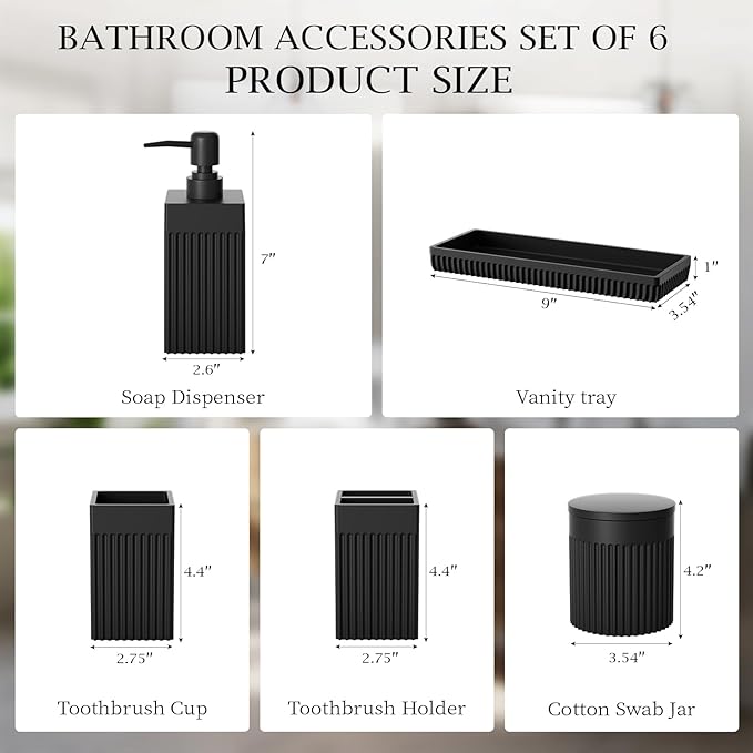 6-Piece Black Bathroom Set - Sleek Resin Organizer with Soap Dispenser, Toothbrush Holder, Vanity Tray, Tumbler & Apothecary Jars for Small Spaces