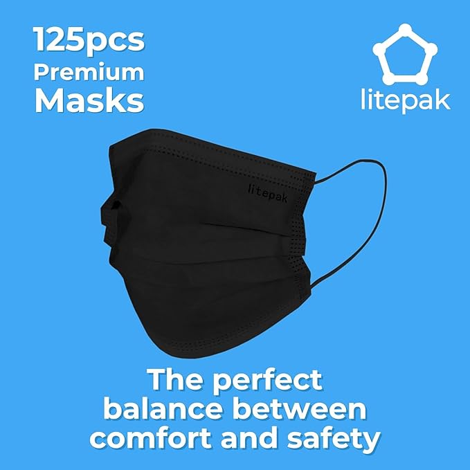 Litepak 125-Pack Disposable Face Mask Premium Comfort Earloops with Dispenser Box (Black)