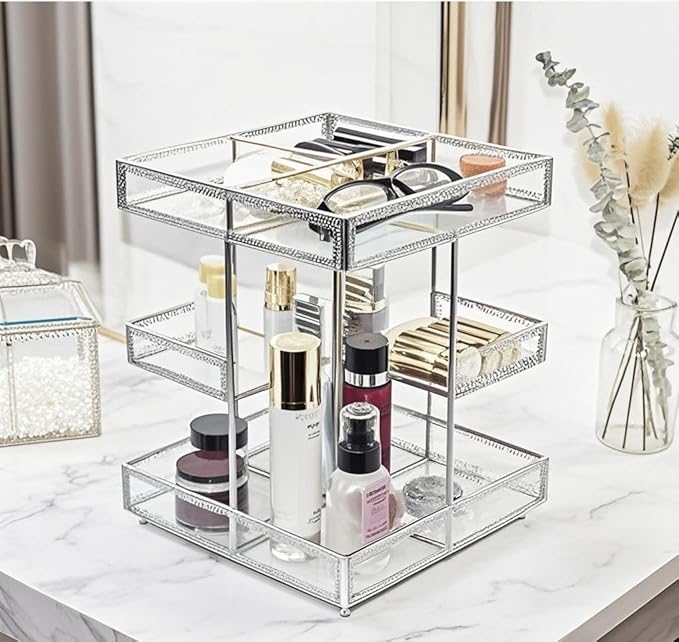 Hersoo 360 Degree Rotation Cosmetic Organizer -Premium Makeup Storage with Spin Base,Antique Countertop Cosmetic Storage,Large Capacity,Beauty Display for Countertop,Vanity or Bathroom (silver)