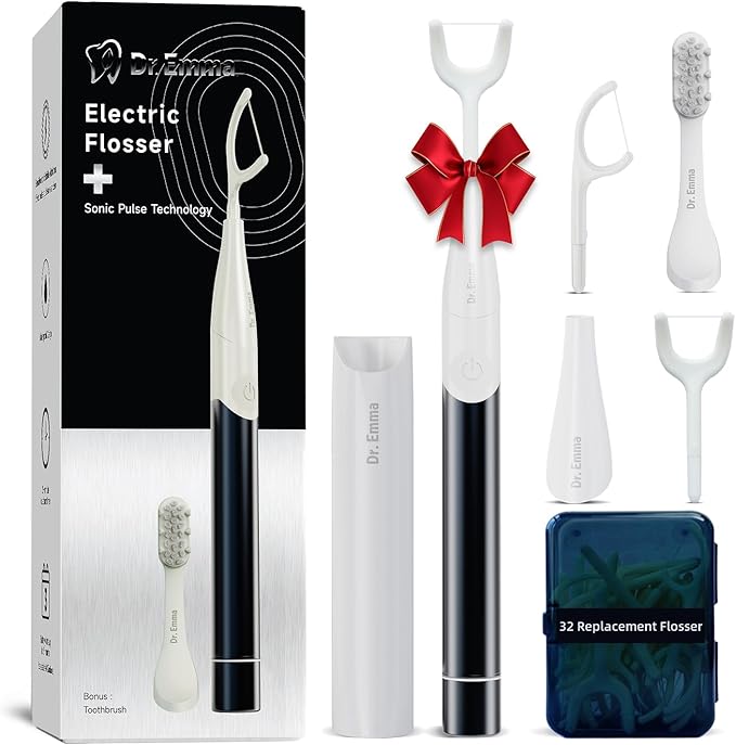 Dr. Emma Electric Vibration Flosser with Replaceable Floss Picks and Toothbrush, Power Flosser for Adults, Dental Flosser Kit for Teeth Cleaning, Water Flosser Alternative, Midnight