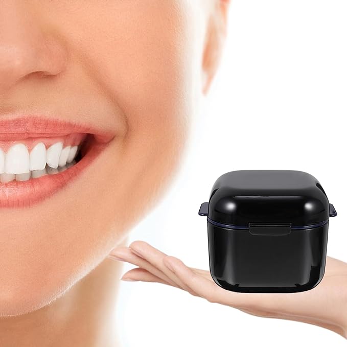 Yardwe Denture Bath Case Cup Box Portable False Teeth Holder Storage Soak Container Orthodontic Retainer Case with Strainer Basket for Travel Cleaning Black