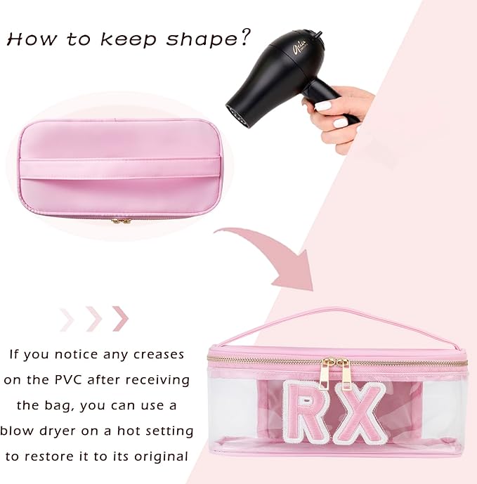 Clear Waterproof MEDS RX Makeup Bag，Transparent PVC Letter Patch medication travel case with Handle and Zipper, Portable Meds First Aid Travel Organizer Cosmetic Bag(03 Pink RX)