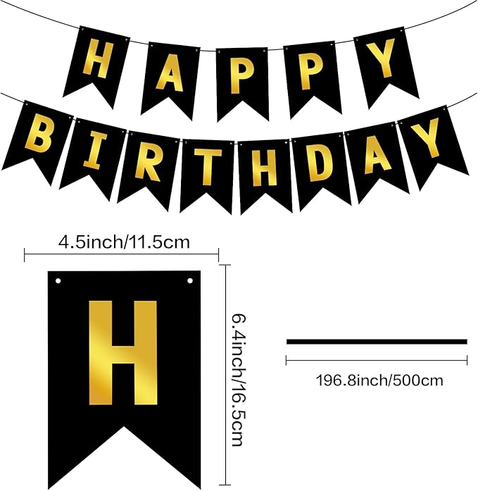 Hooqict Happy Birthday Banner Black and Gold Birthday Decorations for Kids Men Women Black Party Banner Decorations Supplies Wall Door Garland Sign Bunting Flag