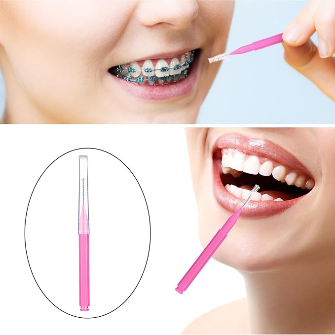 Patelai 100 Pieces Braces Brush for Cleaner Interdental Brush Toothpick Dental Tooth Flossing Head Oral Dental Hygiene Flosser Toothpick Cleaners Tooth Cleaning Tool(Pink,Portable Size)