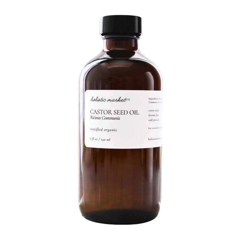 Holistic Market Co. Castor Oil 8oz Certified Organic Cold Pressed Hexane Free Glass Bottle Extra Virgin Premium Quality 100% Pure For Use In Castor Oil Packs