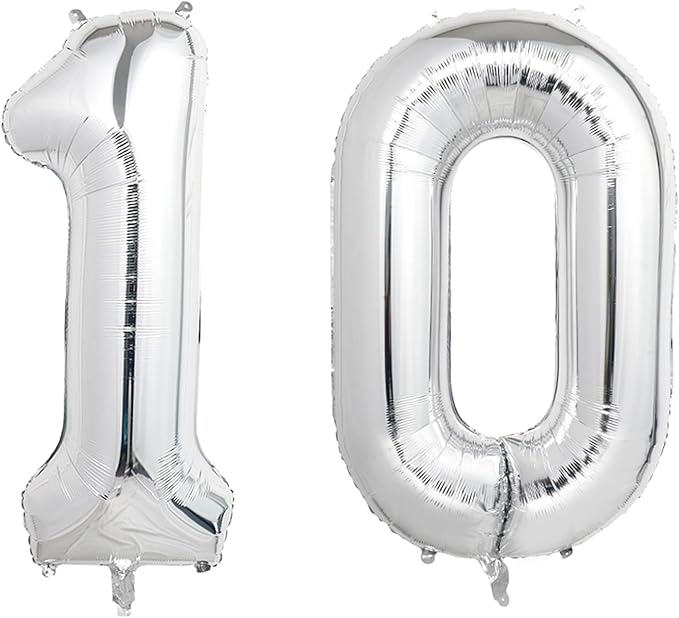 Number Balloons Silver Party Balloon - Giant Number 10 Balloon, 40 Inch Large Balloon for 10th Birthday Decorations, Silver Party Supplies for Anniversary