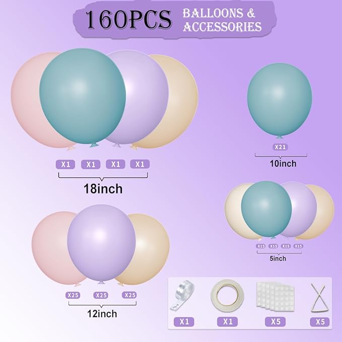 Blue Purple Pink Nude Balloon Garland Arch Kit, 160Pcs Latex Balloons Different Size Balloons 18 12 10 5 inch for Birthday Baby Shower Wedding Bridal Shower Party Decorations