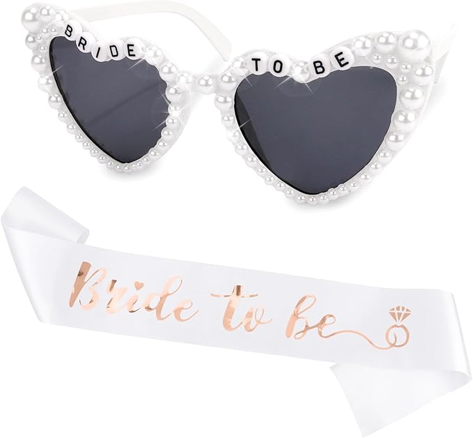 Bride to Be Set: Pearl-Trimmed Heart Sunglasses, Pearl BRIDE Sash & Tulle Veil - Bachelorette Party Bridal Accessories