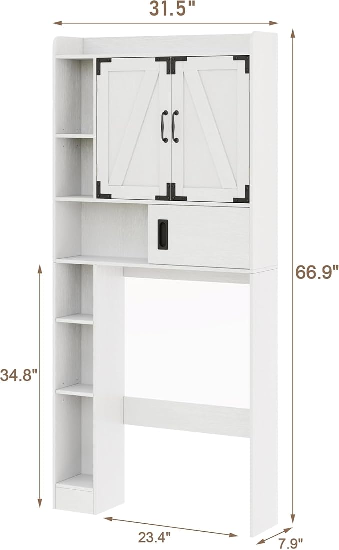 ChooChoo Over The Toilet Storage Cabinet, Farmhouse Bathroom Storage Cabinet with Sliding Door, Over Toilet Storage with Adjustable Shelves, Space-Saving, White
