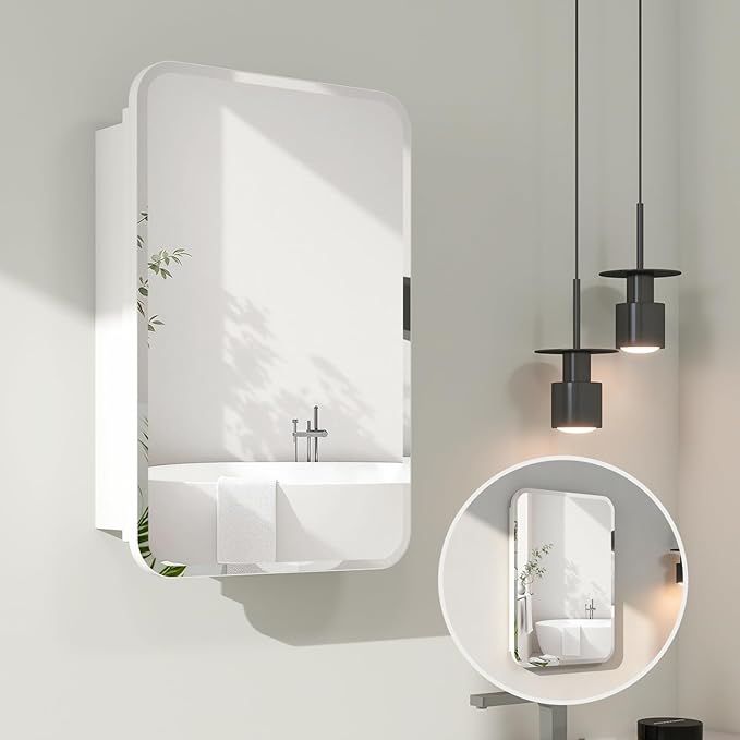 Rectangle Medicine Cabinet with Beveled Edge Mirror, No-Assembly Bathroom Wall Cabinet with Mirror, Adjustable Shelves, Tissue Slot, Recessed or Surface Mount (24" H x 16" W)