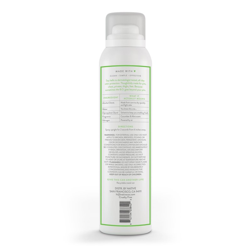 Native Whole Body Deodorant Spray, Cucumber & Mint Scent, 72 Hour Odor Control for Pits, Privates & More, Aluminum Free, Quick-Drying Deodorant for Men & Women, 3.5 oz