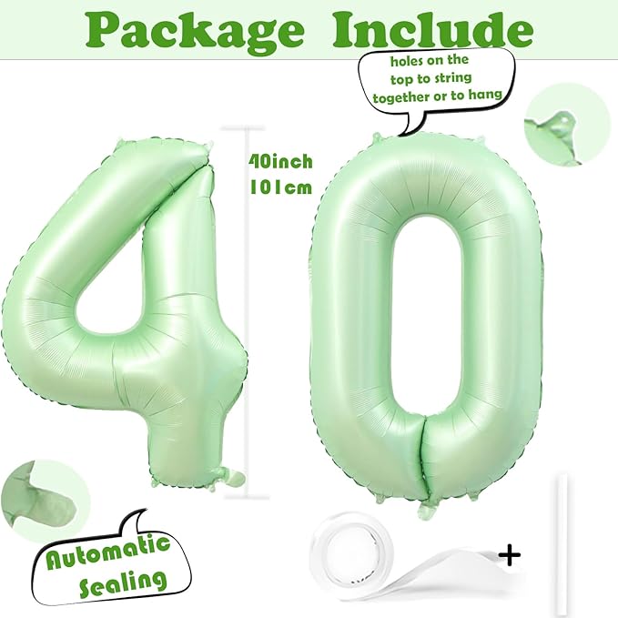 40 Inch Number 40 Balloons, Olive Green Giant Jumbo Helium Number 40 Foil Balloons for 40th Birthday Party Anniversary Events Boys Girls Decorations Supplies