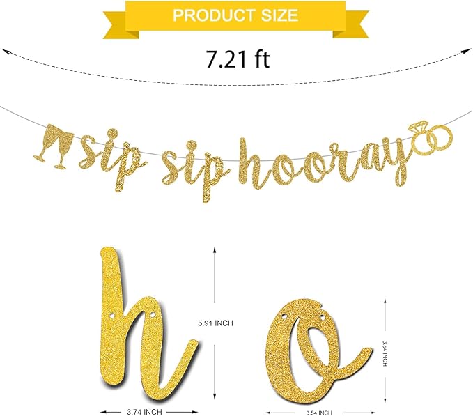 Pre-Strung Sip Sip Hooray Gold Glitter Banner - Bachelorette Wedding Bridal Shower Birthday Party Decor