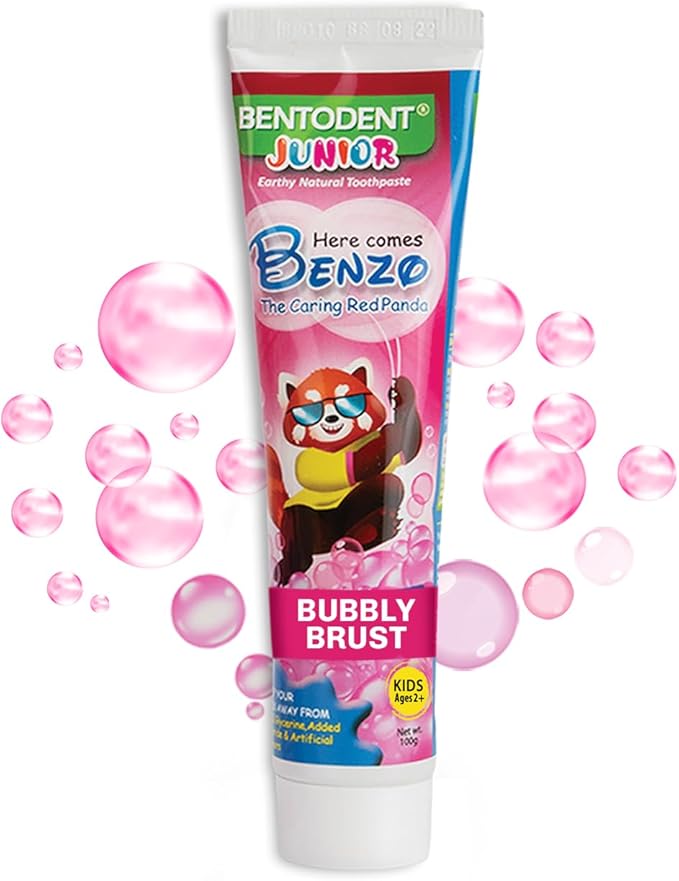 Bentodent Kids Fluoride Free Toothpaste - Natural Calcium Bentonite Clay, SLS Free, Fresh Breath, Gentle Whitening, Vegan, Travel, 3.52oz (Bubble Gum)