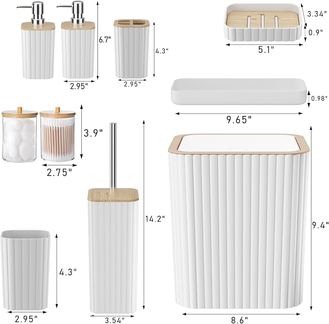 Bathroom Accessories Set - Elegant White Bathroom Set, 10PC Bathroom Accessory Set, Toilet Brush, Trash Can, Qtip Holder Dispenser & Soap Dispenser