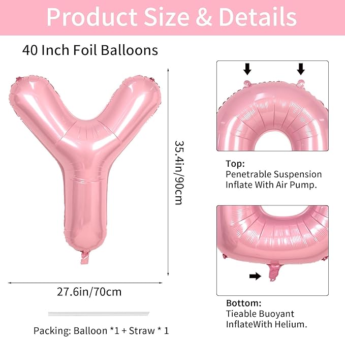 40 Inch Pink Letter Balloons, Giant Light Pink Letter Y Balloon, Single Alphabet Balloon, Pastel Pink Foil Mylar Name Letters Balloon for Girls Women Birthday Anniversary Graduation Party Decoration