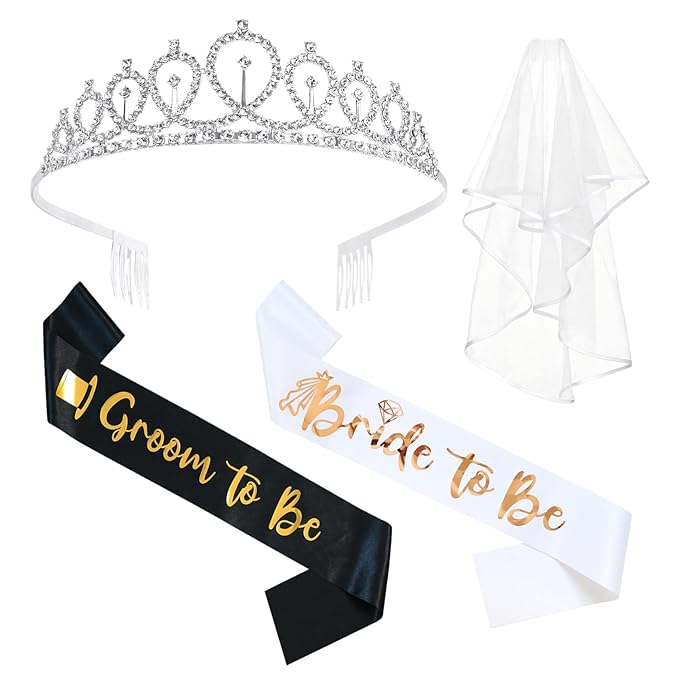 4 Pcs Bachelorette Party Decorations Bride & Groom to be Sash Tiara/Crown Veil Engagement Party Accessories Bridal Shower Gifts for Bride