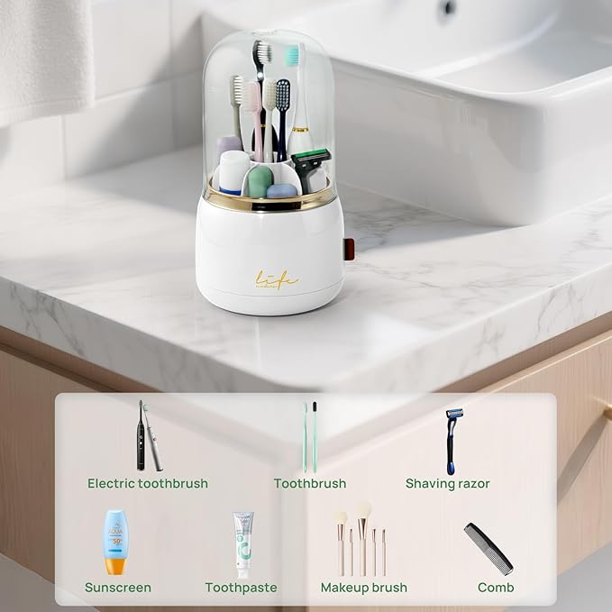 Toothbrush Holders for Bathrooms, Rotating 7 Slots Toothbrush Holder with Cover, Kids Electric Toothbrush and Toothpaste Holders for Caddy for Bathroom Vanity, Sink, Countertop, White
