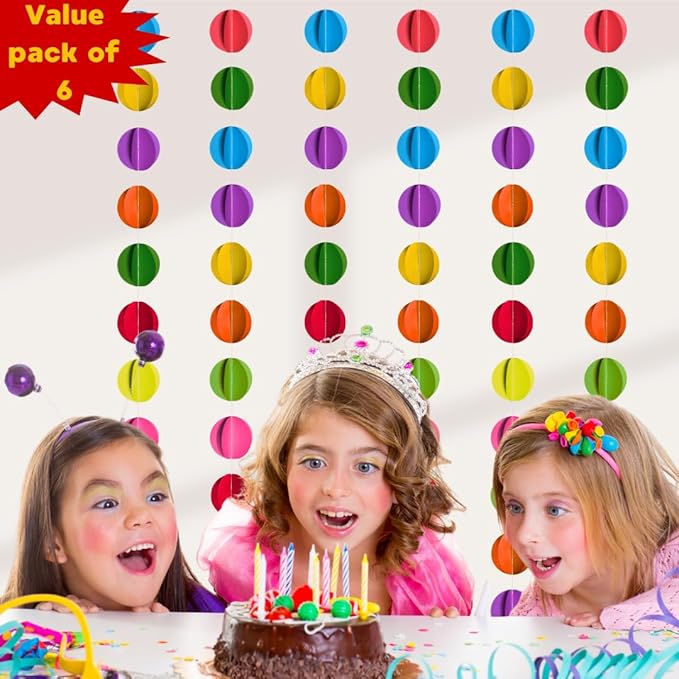 3D Circle Paper Garland 54 Ft | 6 Pc Wall Hanging Colorful Rainbow Streamers | Birthday Party Baby Shower Wedding Christmas New Year Decor | Festival & Holiday Backdrop Decoration | Multicolor