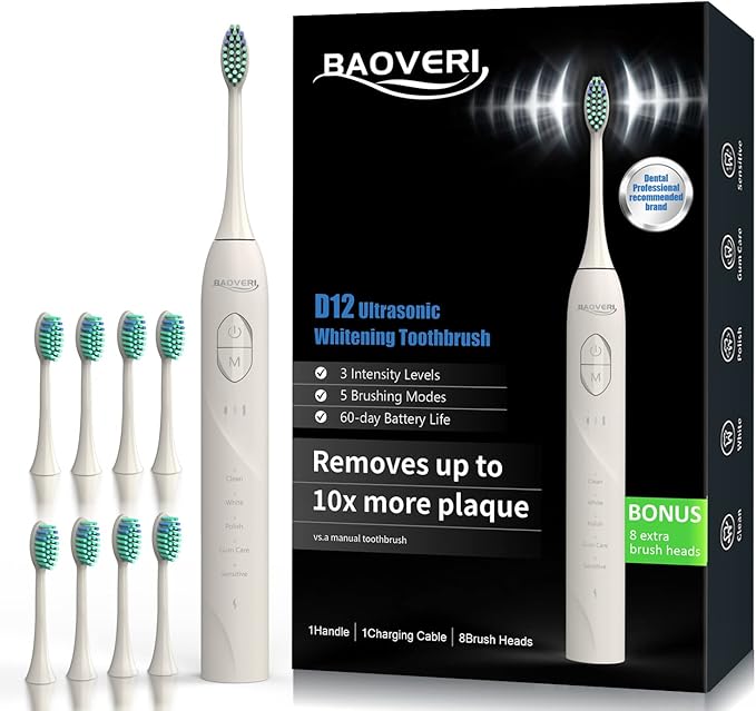 BAOVERI Electric Toothbrush for Adults&Kids, 42000 VPM Rechargeable Sonic Toothbrushe with 8 Brush Heads, 5 Modes & 3 Intensity Levels, IPX7 Waterproof, 2-Min Smart Timer, 4 H Fast Charge for 60 Days